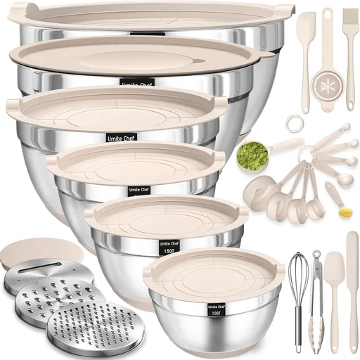 Mixing Bowls with Airtight Lids Set, 26PCS Stainless Steel Khaki Bowls with Grater Attachments, Non-Slip Bottoms & Kitchen Gadgets Set, Size 7, 4, 2.5, 2.0,1.5, 1QT, Great for Mixing & Serving