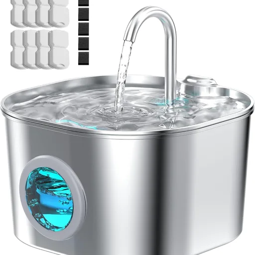 Cat Water Fountain with 8 Filters + 5 Sponges,Small Pet Waterer Dispenser Fountains for Drinking Cats Indoor Metal Automatic Waterer Bowl 24/7 Running Auto Kitty Watering Supplies Quiet Pump