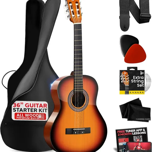 Pyle Beginner Acoustic Guitar Kit, 3/4 Junior Size All Wood Instrument with Full Accessory Kit, Picks, Shoulder Strap, Carry Case, Cleaning Cloth, Tuner App, 2 Month Lessons, 36” (Sunburst Gloss)