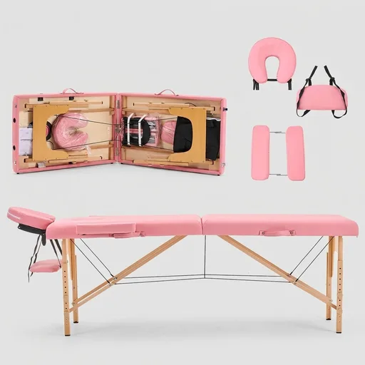 YOUNIKE Massage/Lash Table Portable Lightweight 2 Folding Adjustable Lash Facial Tattoo Bed Professional Spa Physical Therapy Home Salon Wooden Frame Pink with Accessories