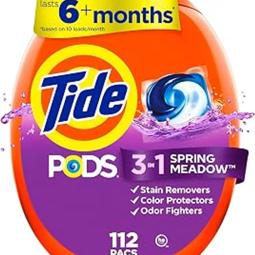 TidePODS laundry detergent pacs, 3-in-1 Stain Remover, Odor Fighter, Color Protector, 112 Count, HE compatible, Spring Meadow Scent