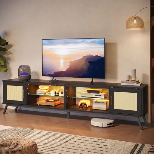 Bestier 80 Inch Black Rattan TV Stand
