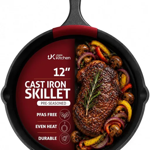Utopia Kitchen Cast Iron Skillet 12 Inch Pre-Seasoned PFAS-Free Black