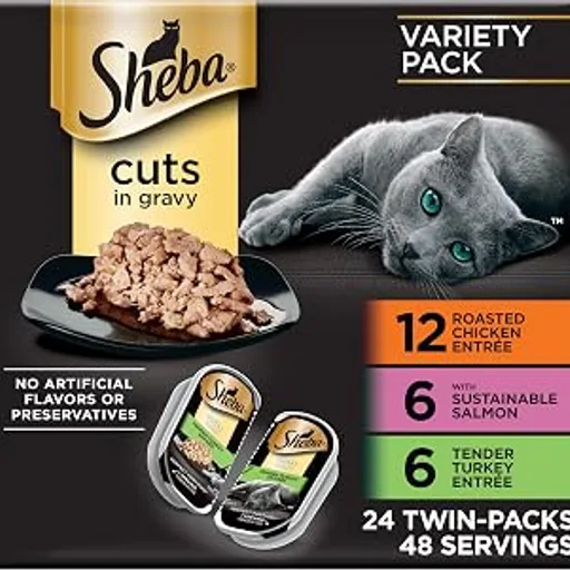 ShebaPerfect Portions Cuts Wet Cat Food, Multipack, 2.6 oz, 24 ct | Grain-free, Chicken, Salmon & Turkey flavors, protein-rich, no corn or soy, essential vitami