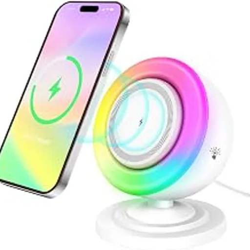 4 in 1 Night Light Bluetooth Speaker with 15W Magnetic Wireless Charger, Touch Dimmable RGB Lights & Phone Stand for iPhone, Samsung, Android Devices, Ideal Gif