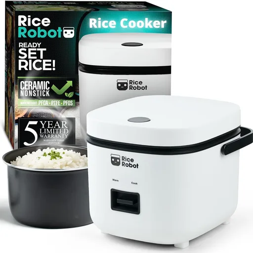 Rice Robot Personal Rice Cooker, PFAS-free, Nonstick. 1 Quart Capacity, with Stainless Steel Steamer Tray, Measuring Cups, Recipe Book with 60 Recipes, and Serving Spoon, As Seen On TV