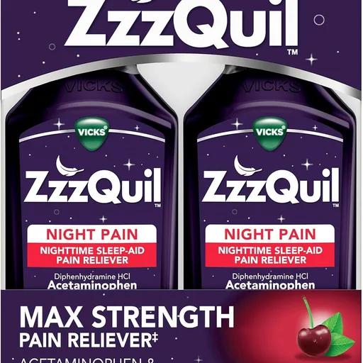 ZzzQuil Liquid Max Strength Pain Reliever, Nighttime Sleep Aid Liquid, Acetaminophen 1000mg, Diphenhydramine 50mg HCI, Non-Habit Forming, Black Cherry Flavored, 2 Pack, 24 FL OZ