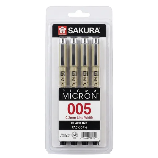 Sakura Pigma Micron 005 Black Pen 0.2mm Line Width Pack of 4 (005)