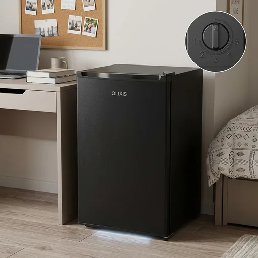 OLIXIS 3.2 Cu.Ft Mini Fridge with Freezer, Single Door Compact Refrigerator | Adjustable Thermostat, 5-Level Thermostat, for Bedroom Office Dorm, LED Interior Light, Black