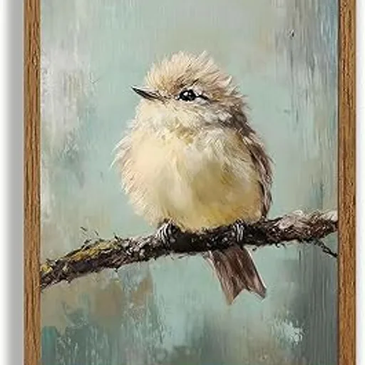 AVECCO Fluffy Bird on Branch Wall Art Canvas