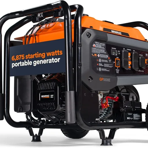 Generac 6,875 Starting Watt Portable Gas Generator - Electric Start - Home Backup or RV Ready - Heavy Duty Frame - Quiet, Long Runtime, Emergency Power - 50-State Compliant