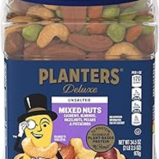 PLANTERSDeluxe Unsalted Mixed Nuts, Plant Based Protein, 34.5 Oz (1 Ct) | Mixed Nuts: Cashews, Almonds, Hazelnuts, Pecans, Pistachios. Snacks for Adults. Reseal