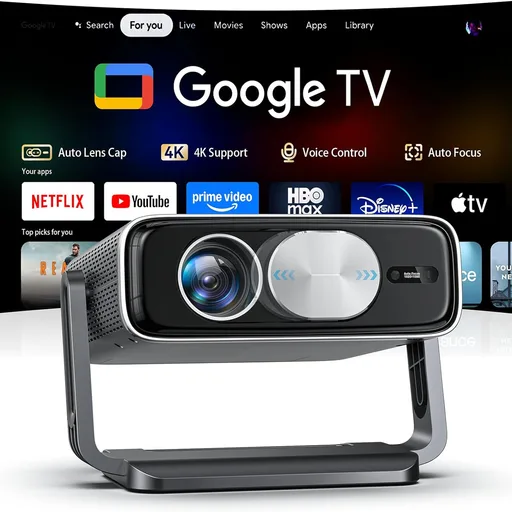 Smart 4K Projector [Bundled with Google TV Stick] with WiFi and Bluetooth, 2500ANSI, Auto Lens Cap, Portable Outdoor Movie Projector with Built-in Apps Auto Focus for Ceiling/Home Theater/Bedroom