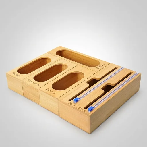 Ziplock Bag Organizer for Kitchen Drawer, 5-Slot | Bamboo, 5 Independent Boxes, Slide Cutter, Magnetic Lid, Space-Saving Drawer Organizer