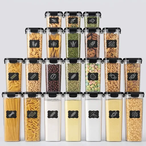 Airtight Food Storage Containers with Lids, Vtopmart 24 pcs Plastic Kitchen and Pantry Organization Canisters for Cereal, Dry Food, Flour and Sugar, BPA Free, Includes 24 Labels，Black