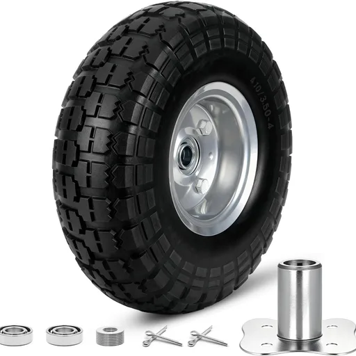 4.10/3.50-4 Flat Free Tire Wheels 10 Inch, (1 PICK) Solid Rubber Puncture Proof Airless Wheels with 5/8" Bearings 2.2" Offset Hub for Hand Truck, Dolly Gorilla Cart, Wheelbarrow, Outdoor Utility Cart