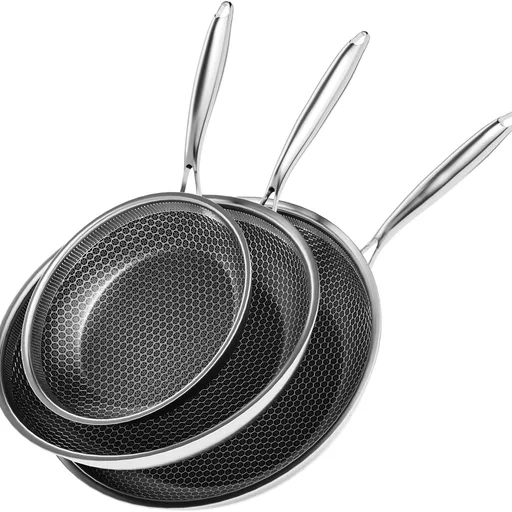 Nonstick Frying Pan Set, 8+10+12 Inch, Honeycomb Stainless Steel Skillet Pans Set, PFOA-Free Scratch-Proof, Dishwasher & Oven Safe, Compatible with All Cooktops