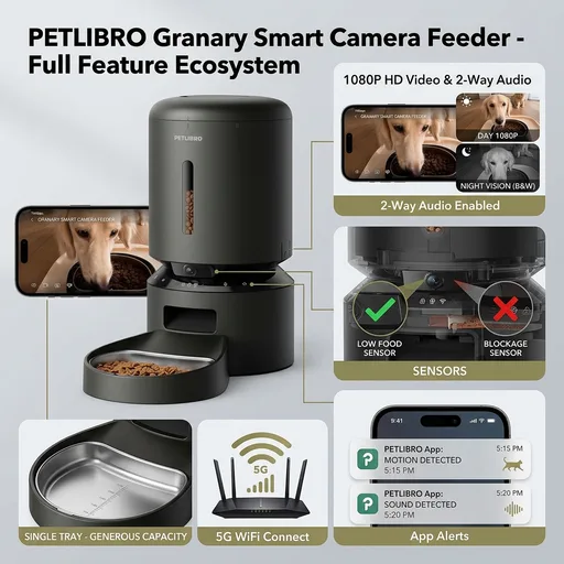 PETLIBRO Automatic Cat Feeder with Camera, 1080P HD Video with Night Vision, 5G WiFi Pet Feeder with 2-Way Audio, Low Food & Blockage Sensor, Motion & Sound Alerts for Cat & Dog Single Tray