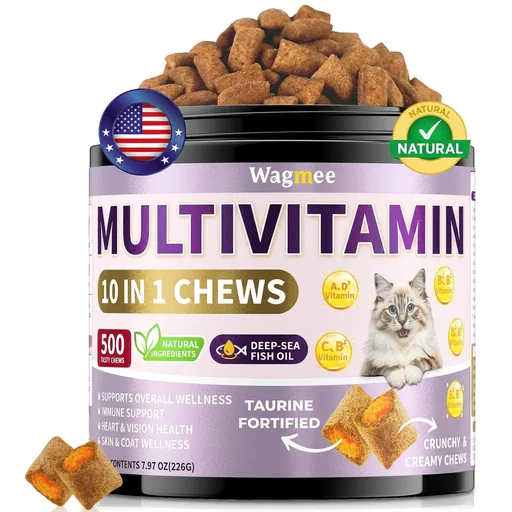 Taurine for Cats Vitamins Treats, 10 in 1 Cat Multivitamin with Fish Oil - 500 Crunchy & Creamy Chews Supports Energy, Bone, Joint, Skin & Coat Health, Digestion, Immunity for Cat All Breeds & Ages
