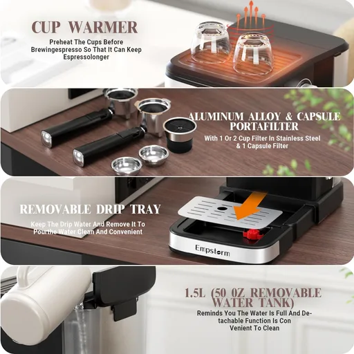 Espresso Machine with Milk Frother Steam, Stainless Steel 1100W