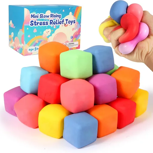 24 Pack Slow Rising Stress Cube , Dough Stress Balls Soft Fidget Squishy Toys for Anxiety Relief, Pull Stretch Classroom Prize Party Favors Toys for Kids