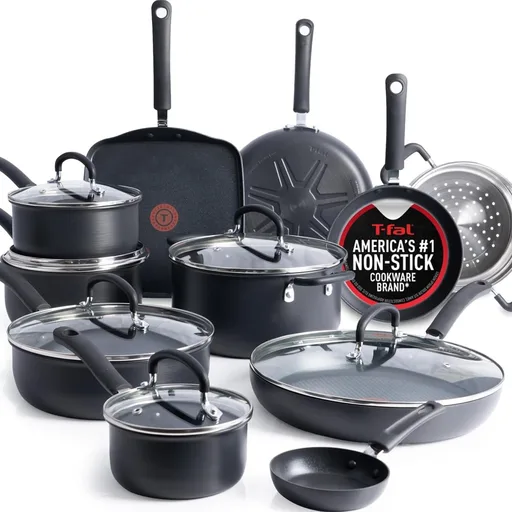 T-Fal Ultimate Hard Anodized Nonstick Pots and Pans Set 17 Piece, Nonstick Cookware Set with Fry Pan, Saucepans, Saute-Pan, Griddle, Dishwasher Safe, Onyx