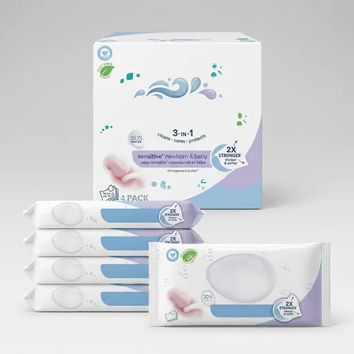 WaterWipes Sensitive+ Newborn & Baby Wipes, 3-In-1 Cleans, Cares, Protects, 99.9% Water, Unscented & Hypoallergenic, 240 Count (4 Packs)