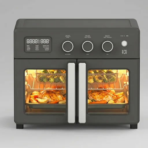 Martha Stewart French Door Air Fryer Toaster Oven Combo, 34QT Countertop Convection, 12-in-1, Bake, Broil, Roast, Fits 12” Pizza, Dehydrate, 5 Accessories, Air Fry Basket, Stainless Steel, Caviar Gray