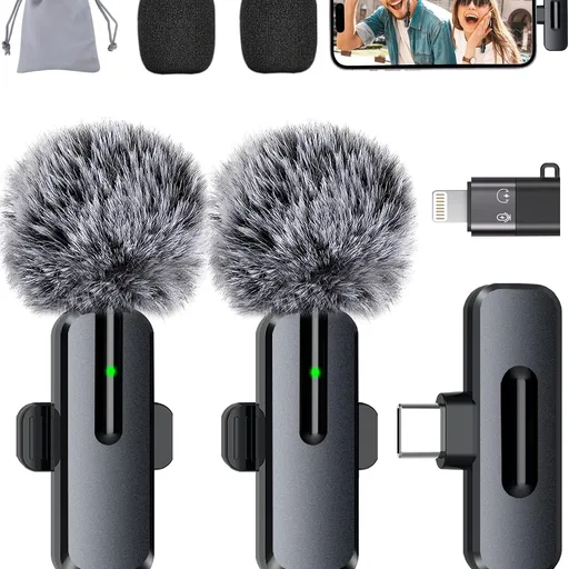 Wireless Mini Microphone for iPhone, Android - 2 Pack Lavalier Microphone for Video Recording, 2 In 1 Noise Reduction Lapel Mic for Ipad, Clip-on Mini Mic with USB-C for Content Creators Podcast