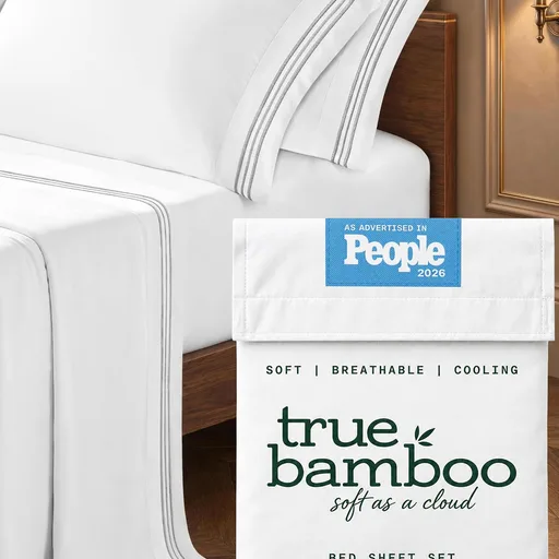 True Bamboo King Sheets Set - Hotel Style Silver Embroidery - White