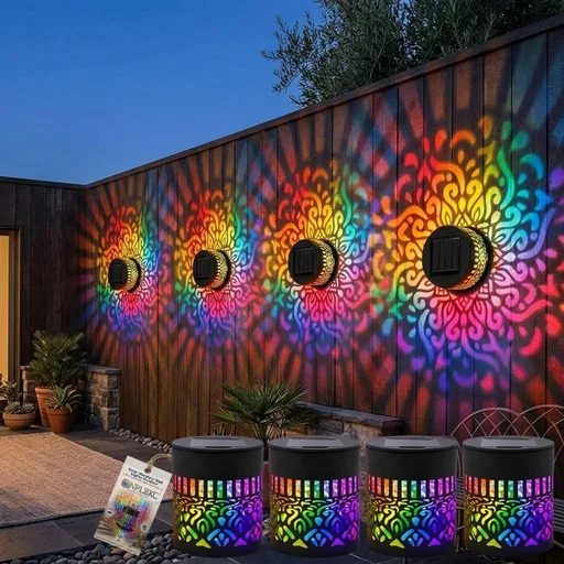 Solar Mandala Lights Outdoor Wall Projector 7 Colors Fence Night Lighting Decor Waterproof Metal Disk Boho Deck Step Stair Art Lamp gift for Garden Post Patio Backyard Yard Landscaping Decorative