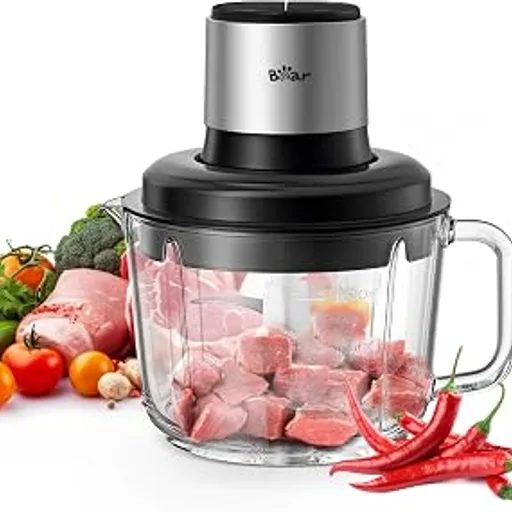 BearFood Processor, 400W Electric Food Chopper with Handheld Glass Bowl | No-Hole 4 Bi-level Stainless Steel Blades, Easy Cleaning, 8 Cup/2 L,2 Speeds for meat/