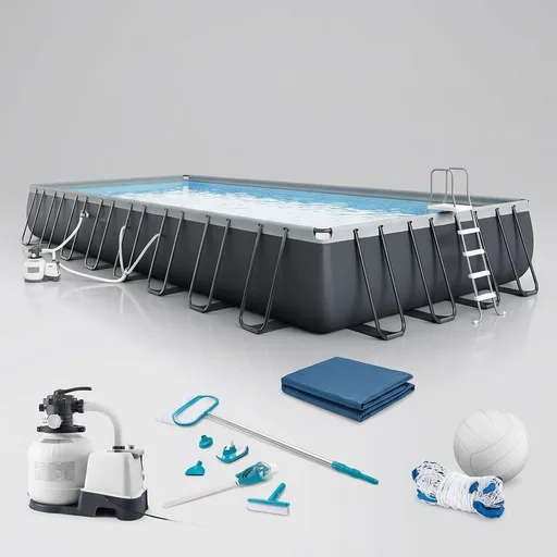 INTEX Ultra XTR 32 ft x 16 ft 52 in Above Ground Pool Set, Rectangular Swimming Pool with Sand Pump, Saltwater System, Maintenance Kit, & Volleyball Game