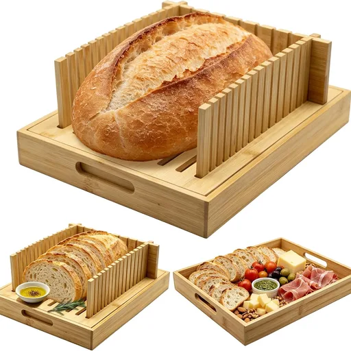 11" Bamboo Bread Slicer for Homemade Bread, with Crumb Catcher Tray