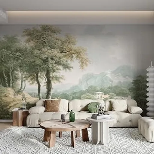Vintage Forest Wall Murals Peel and Stick 148"x98" Canvas Waterproof Self-Adhesive Removable Wallpaper for Bedroom Living Room Green Countryside Landscape Wall