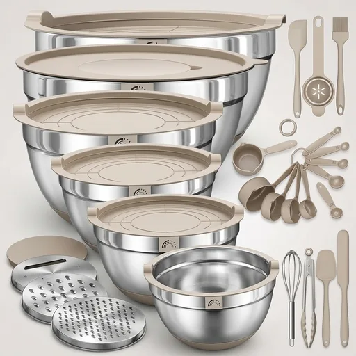 Mixing Bowls with Airtight Lids Set, 26PCS Stainless Steel Khaki Bowls with Grater Attachments, Non-Slip Bottoms & Kitchen Gadgets Set, Size 7, 4, 2.5, 2.0,1.5, 1QT, Great for Mixing & Serving