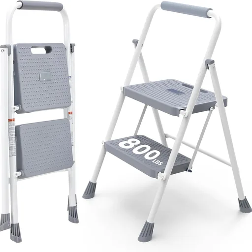 DUMOS 2 Step Ladder, Sturdy Step Stool with Anti-Slip Pedal & Comfortable Handrail, Portable Heavy Duty Stool for Kitchen, Garage & Outdoor, 800lbs, Grey