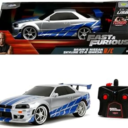 JadaToys Fast & Furious Brian's Nissan Skyline GT-R (Bnr34)- Ready to Run R/C Radio Control Toy Vehicle, 1: 16 Scale, Silver and Blue, (99370)
