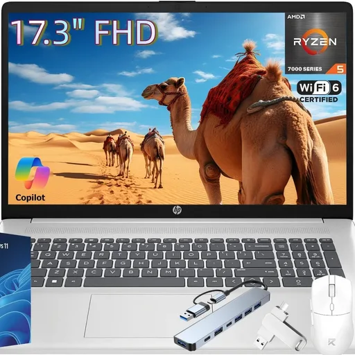 HP 17 Inch Laptop Computer, 17.3" FHD IPS Display, 32 GB RAM, 1 TB SSD, AMD Ryzen 5 7430U (Up to 4.3GHz), Wi-Fi 6, Bluetooth 5.3, Copilot AI, Business & Students, Windows 11 Pro, W/Accessories