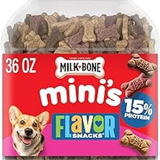 Milk-BoneFlavor Snacks Mini’s Dog Treats, 36 Oz. | 5 calories per treat, 15% protein, 3 flavors per canister (beef, chicken & bacon, naturally & artificially fl
