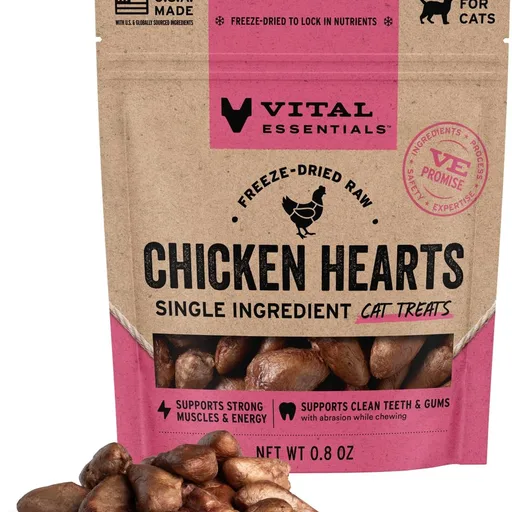 Vital Essentials Freeze Dried Raw Chicken Hearts Cat Treats, 0.8 oz Bag