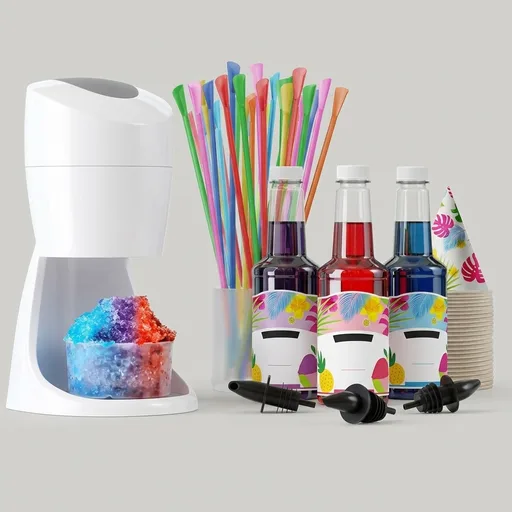 Hawaiian Shaved Ice Machine Kit - 3 Flavors, 25 Cups, Straws, Pourers, Ice Molds