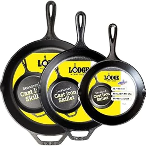 LodgePre-Seasoned Cast Iron Skillet Set, 8, 10.25 and 12 Inches | Non-Toxic & Naturally Non-Stick Cast Iron Pan, Compatible with Oven, Stove, Grill & Campfire,