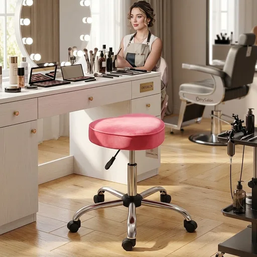 OmySalon Vanity Stool with Wheels, Adjustable Rolling Swivel Stools, Roll Around Small Chair for Makeup Hair Stylist Tattoo Nail, Velvet for Beauty SPA, Barbershop, Bar, Office, Hot Pink