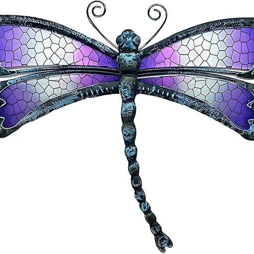 Dragonfly Outdoor Wall Decor for Garden Fence Patio, Outdoor Fence Wall Art Decor, 14" Hanging Metal & Glass Dragonfly Gifts Sculpture (Grey Purple)