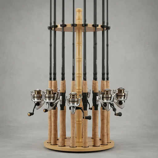 Rush Creek Creations Round 16 Fishing Rod Storage Rack - Features Traditional Handcrafted Wood Post - No Tool Assembly, Wood Grain Laminate