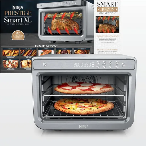 Ninja Air Fryer & Toaster Oven Combo | 10-in-1 Prestige Smart XL Countertop Oven | Bake up to 20 Cookies, Fit up to a 12lb Turkey | Pizza, Toast, Bake, Dehydrate | 1800 Watt | Stainless Steel | DT501