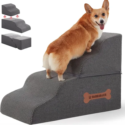 Dog Stairs 4 Steps for Small Dogs and Cats to Get on High Beds, Couch or Car, Pets Can Climb, Sit, Lie Down or Perch to Look Out Windows on The Spliceable Ramp, Provides Support, Grey（19" H）