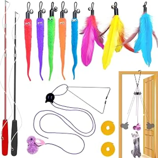 ZPH Cat Toys Interactive for Indoor Cats,2PCS Retractable Cat Wand,9PCS Teaser Toys&1PCS Hanging Door Lure Kitten Toy,Interactive Feather Toy for Teaser Play an