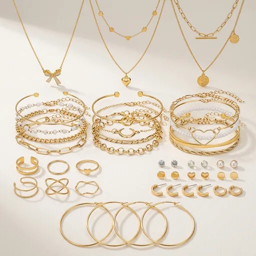 NEWITIN49 Pieces Gold Jewelry Set for Women Fashion Costume Jewelry Gold Plated Necklace Bracelet Ring Earrings Set for Women